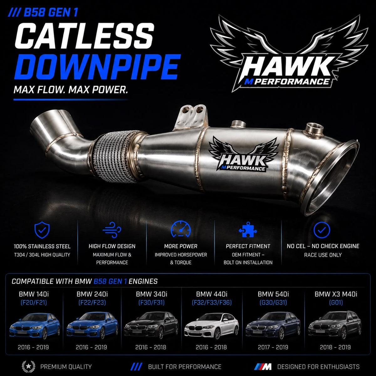 Hawk B58 Gen 1 Catless Downpipe