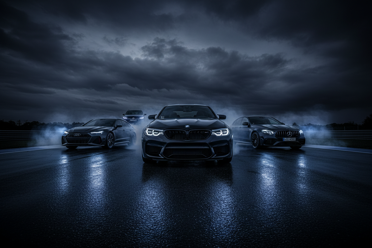 Hero Banner - M5 vooraan met RS7, E63 en Golf R