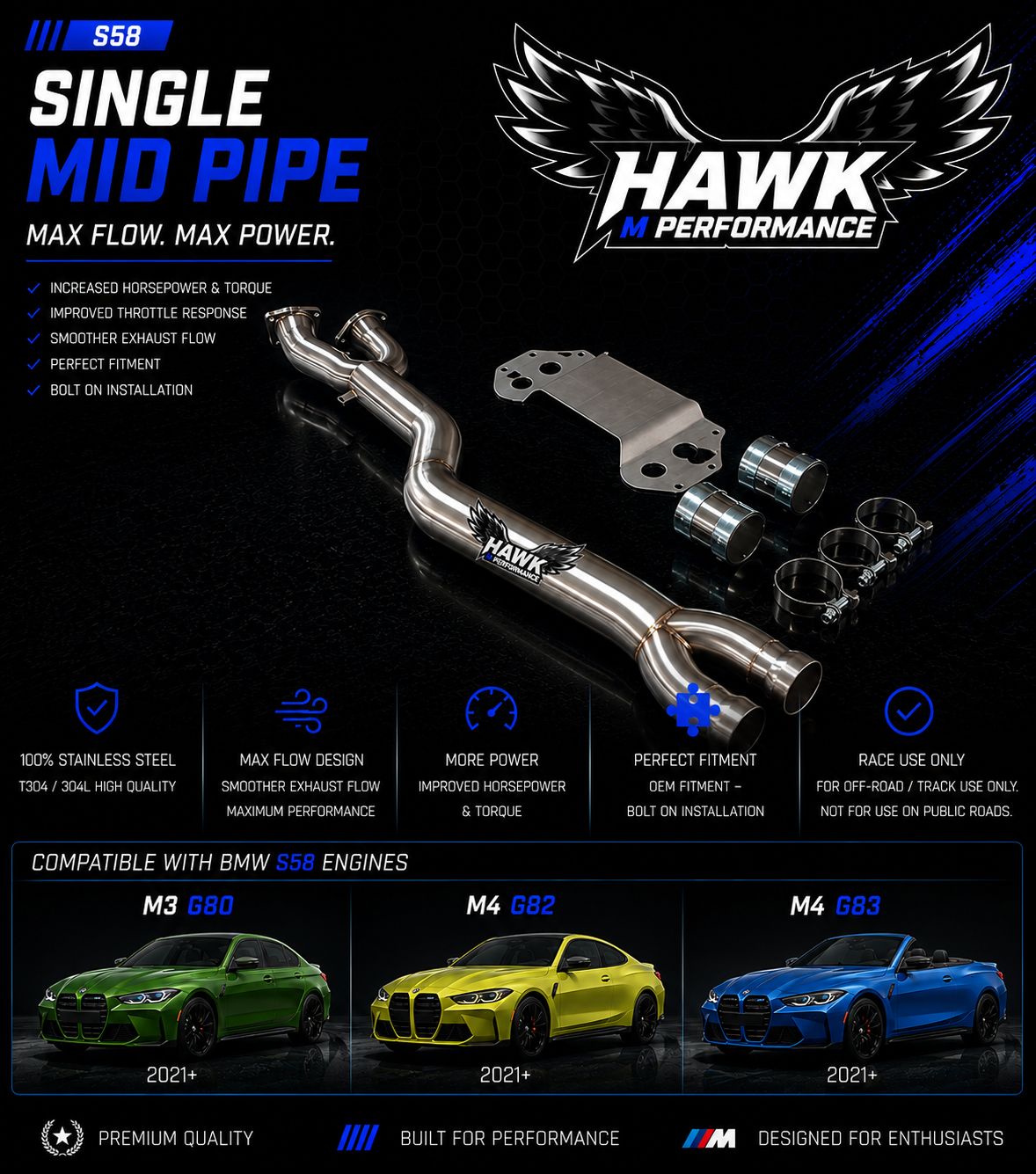 Hawk S58  M3&M4 G8x Mid-Pipe